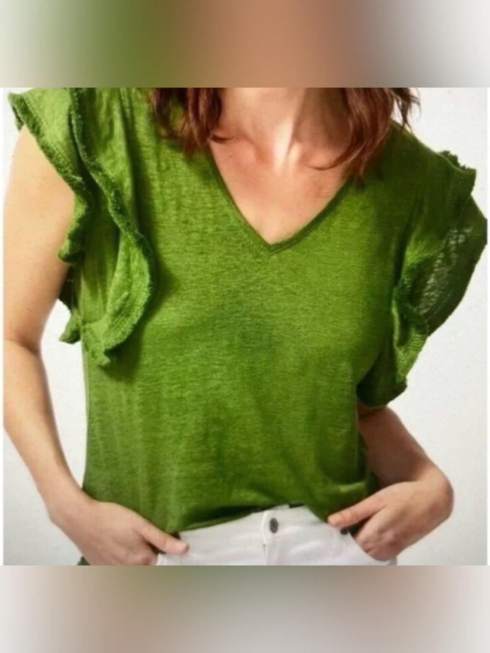 Gorgeous & Green Chicos Sz 1 Medium 100% Linen Boho Chic V Neck Flutter Sleeve